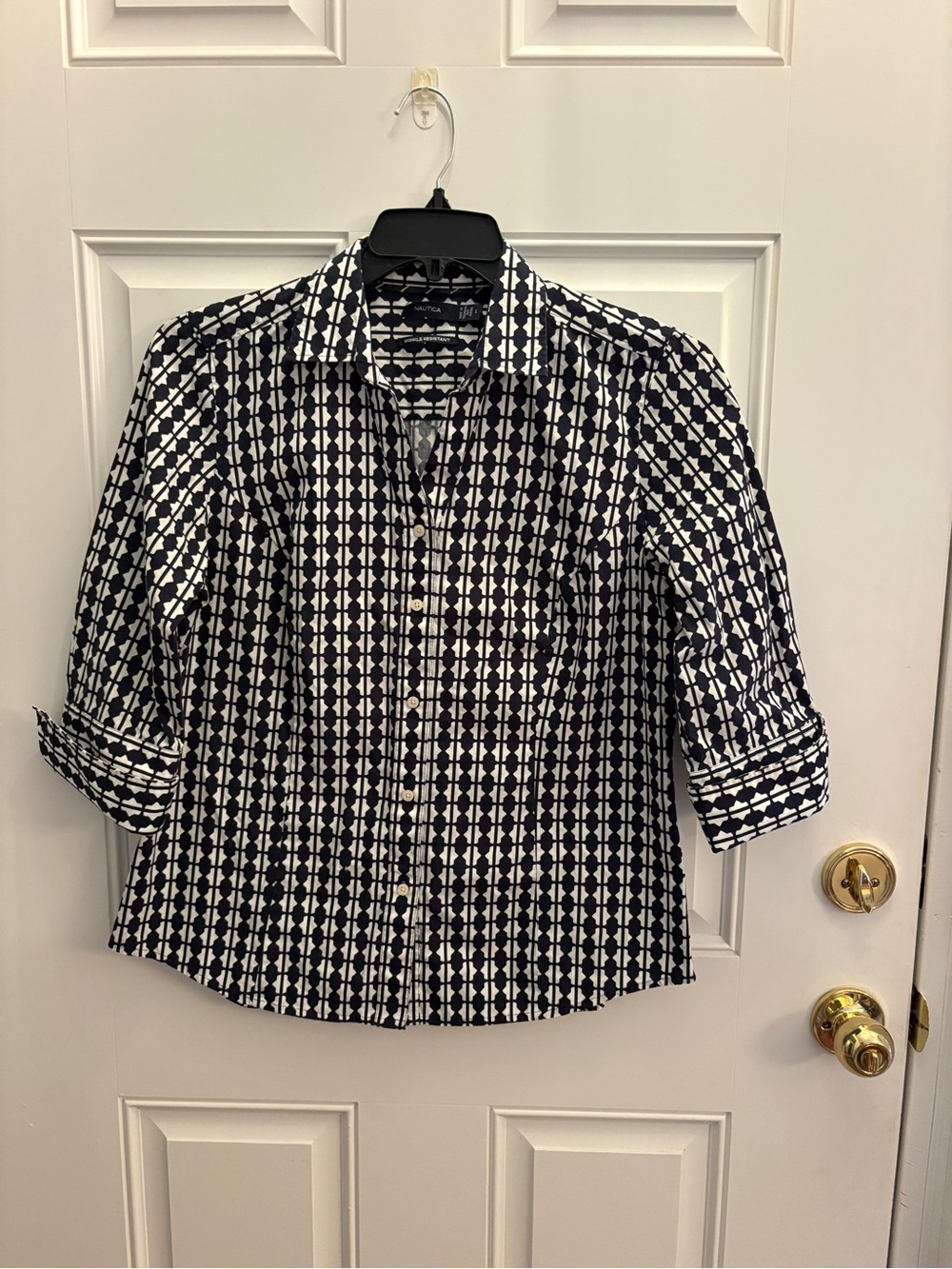 Nautica Navy and White Geometric Button-Down Shirt